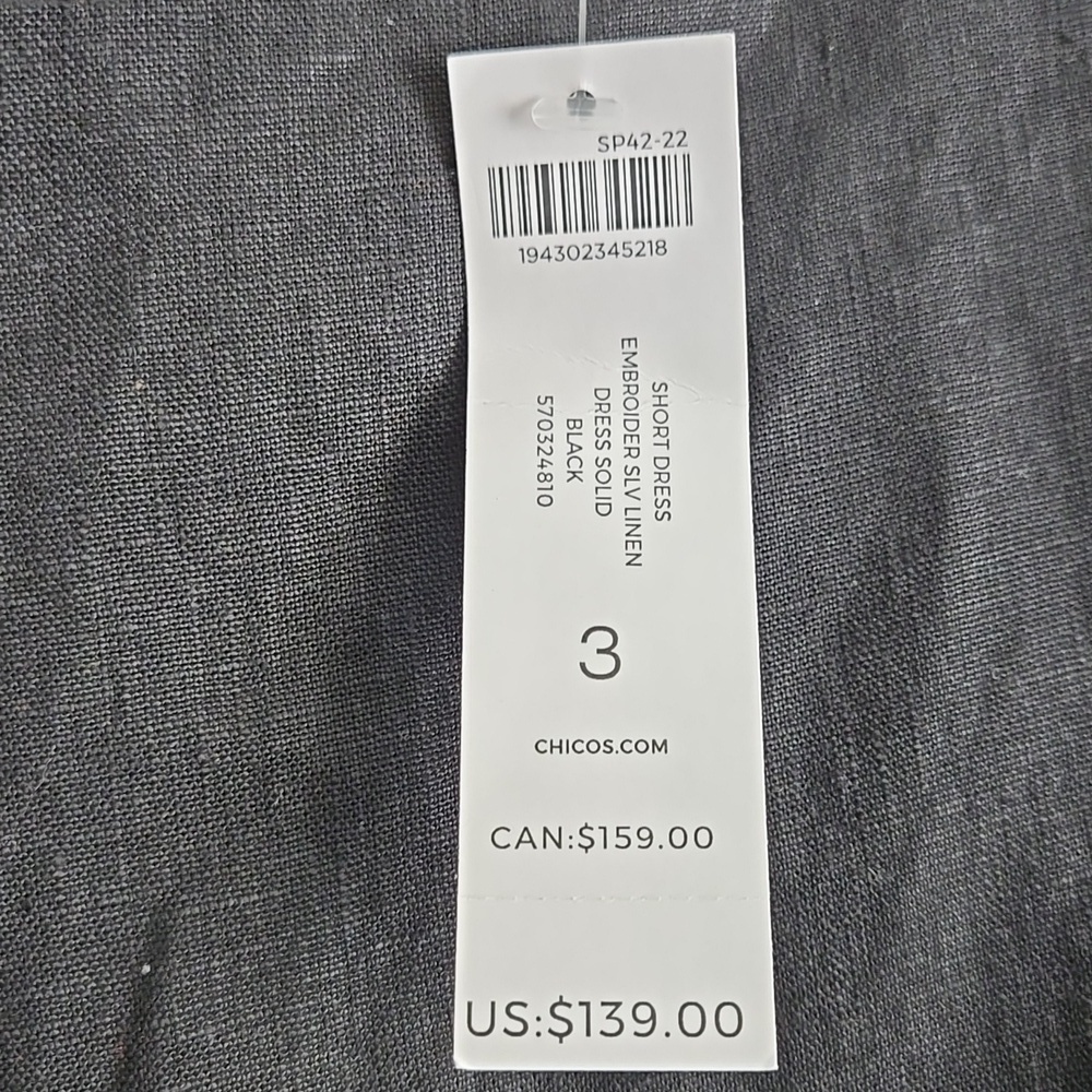 Chico's Black Embroidered Flutter Sleeve 100% Linen Short Dress Size 16 - Picture 5 of 11